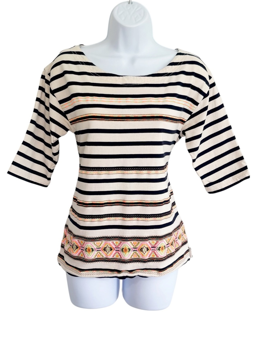J.CREW Embroidered Breton Stripe Boatneck Top Navy Cotton 3/4 Sleeve Small